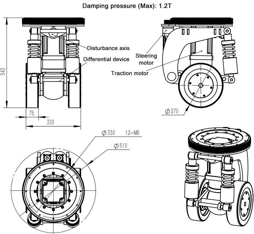 3T DC Motor Shock Absorbing Wheel ระบบกันสะเทือนอัจฉริยะ 1500KG